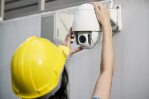 Close Up Of women Technician Fixing CCTV Camera On Wall